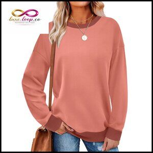 Loose Fit Crewneck Sweatshirt Long Sleeve Color Block Ribbed Trim